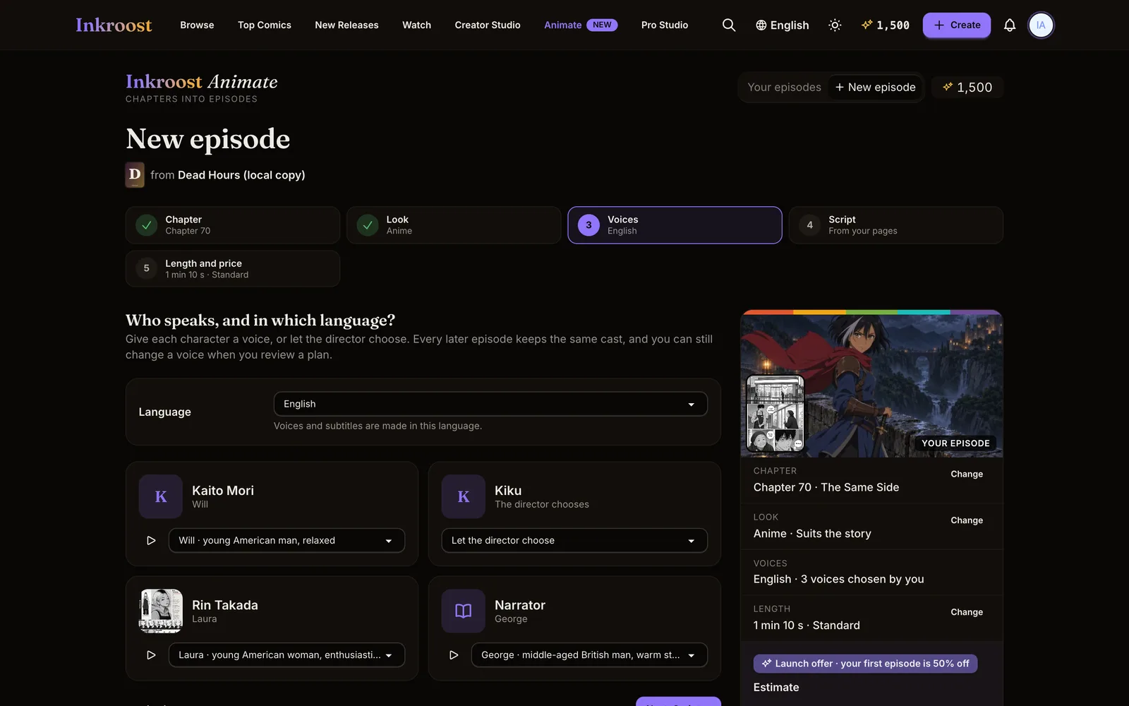 The Voices step: the language picker and a voice for each character and the narrator, each with a play button