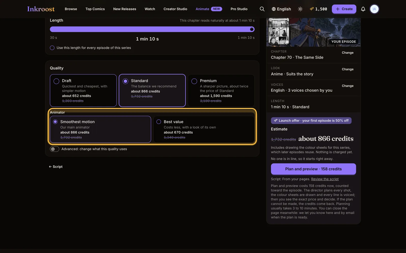 Standard selected, with the Animator choice below it: Smoothest motion or Best value, each with its own estimate