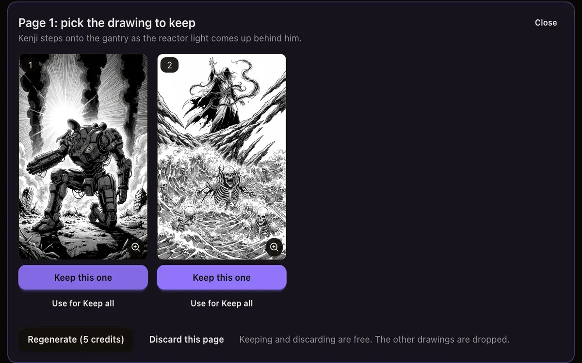 The review strip inside the chapter panel: two drawings for one page, above the keep, regenerate and discard controls.