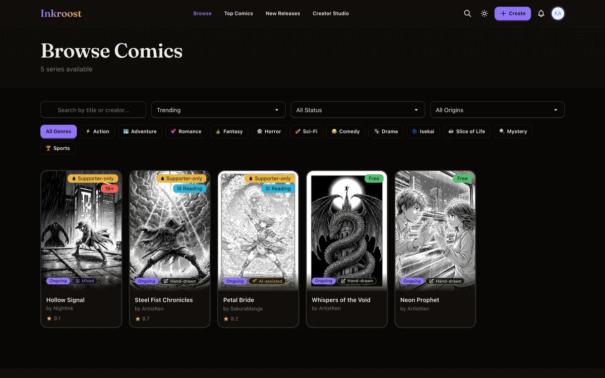 The Inkroost browse page with genre filters and a grid of published series covers.