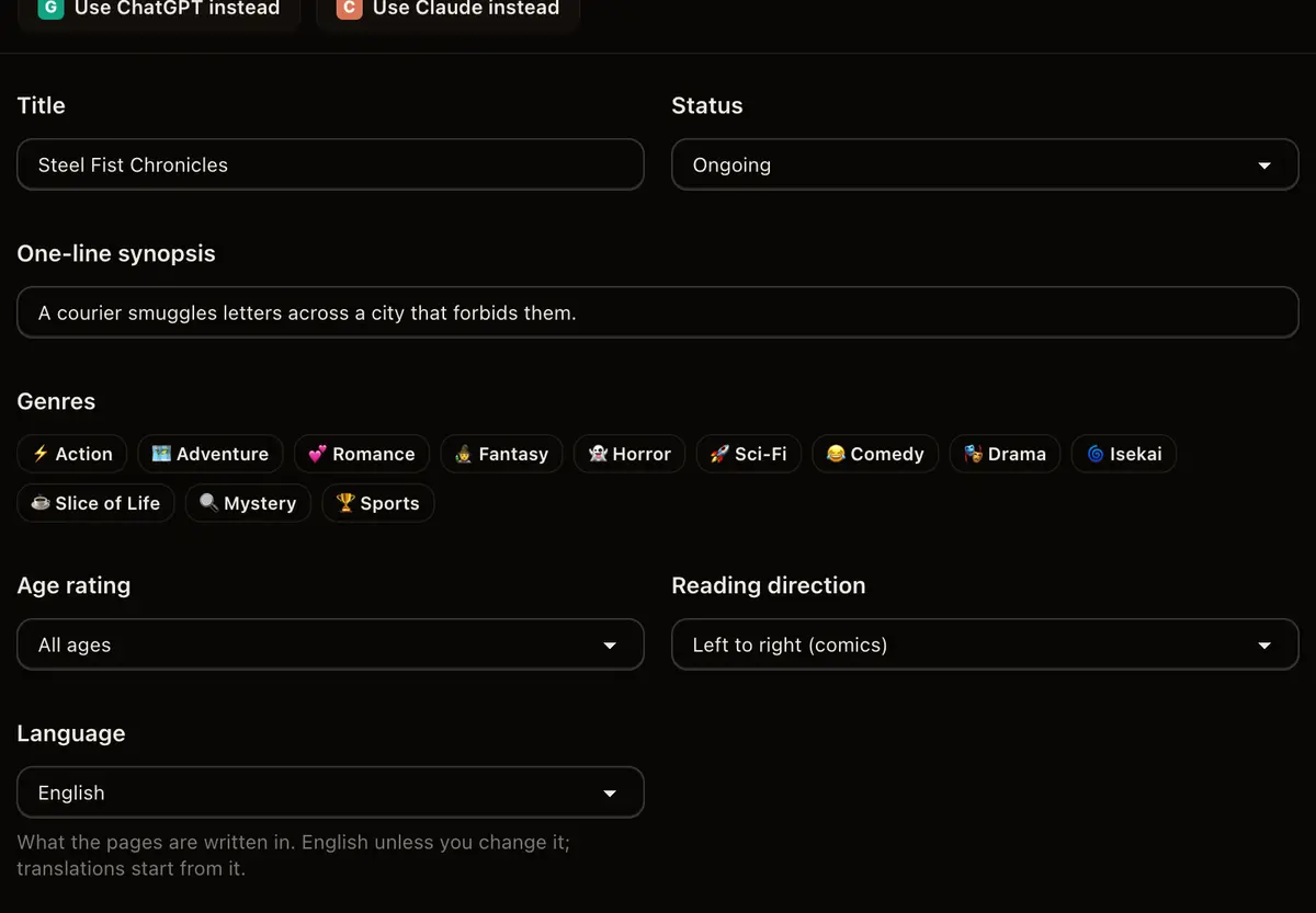 The Inkroost series workspace: title, synopsis, genres, age rating and a reading-direction chooser.