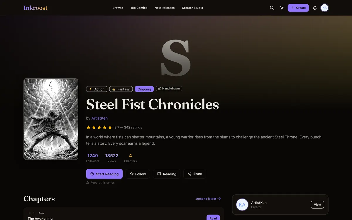 A published series page on Inkroost with its cover, synopsis, follower count and chapter list.