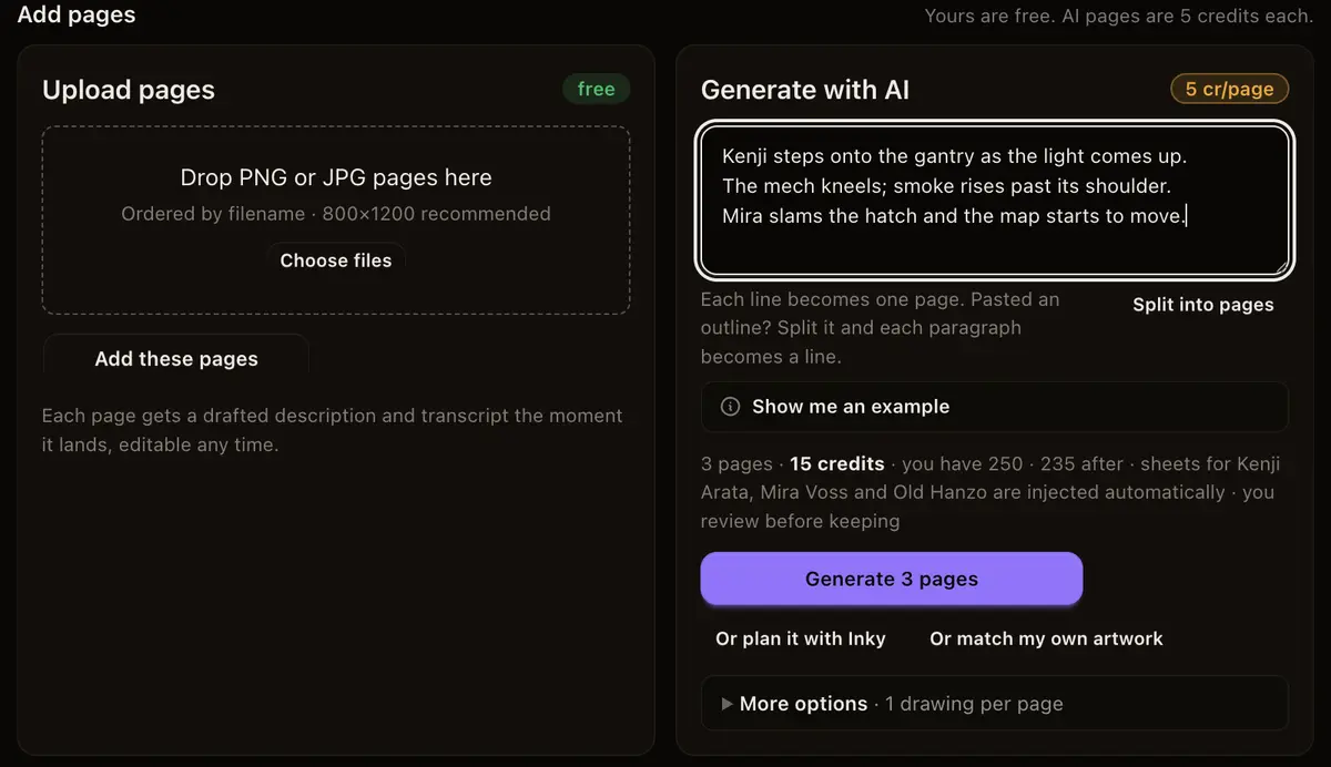 The Upload pages card in the chapter panel and its drop area, beside the Generate with AI card.