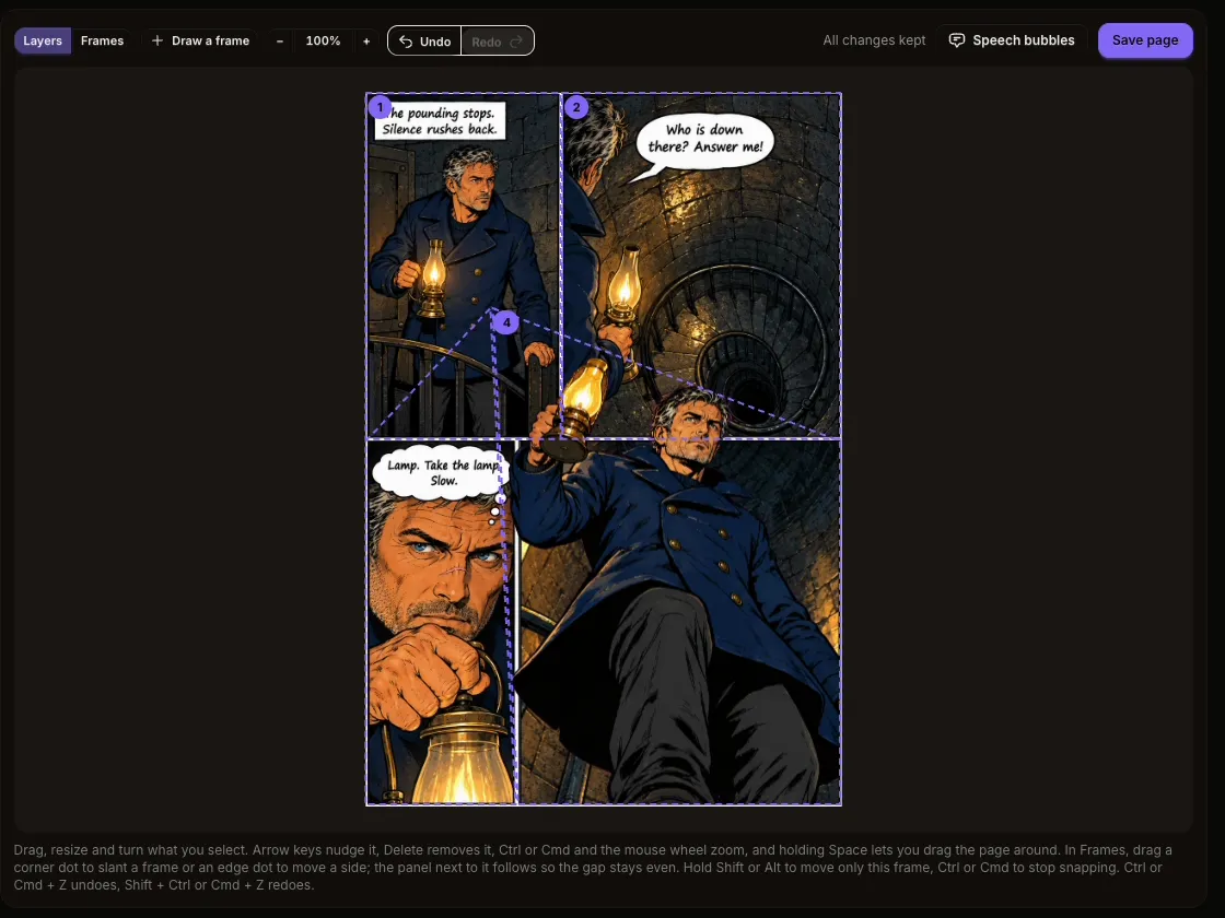 A character lifted out of his panel and moved, with the stairwell behind him painted in