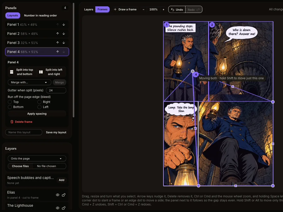 Four panel frames on a page, two with slanted borders, being adjusted in Pro Studio