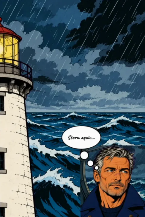Page 1 after: a lighthouse on the left and Elias in the corner thinking “Storm again…”