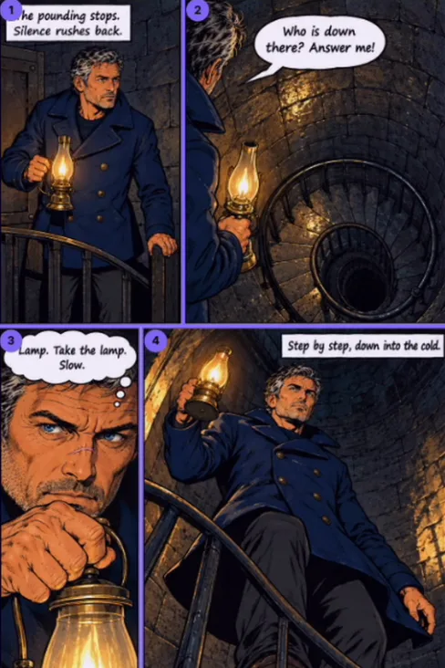 Page 12 before: four square panels of Elias climbing down a lighthouse stairwell